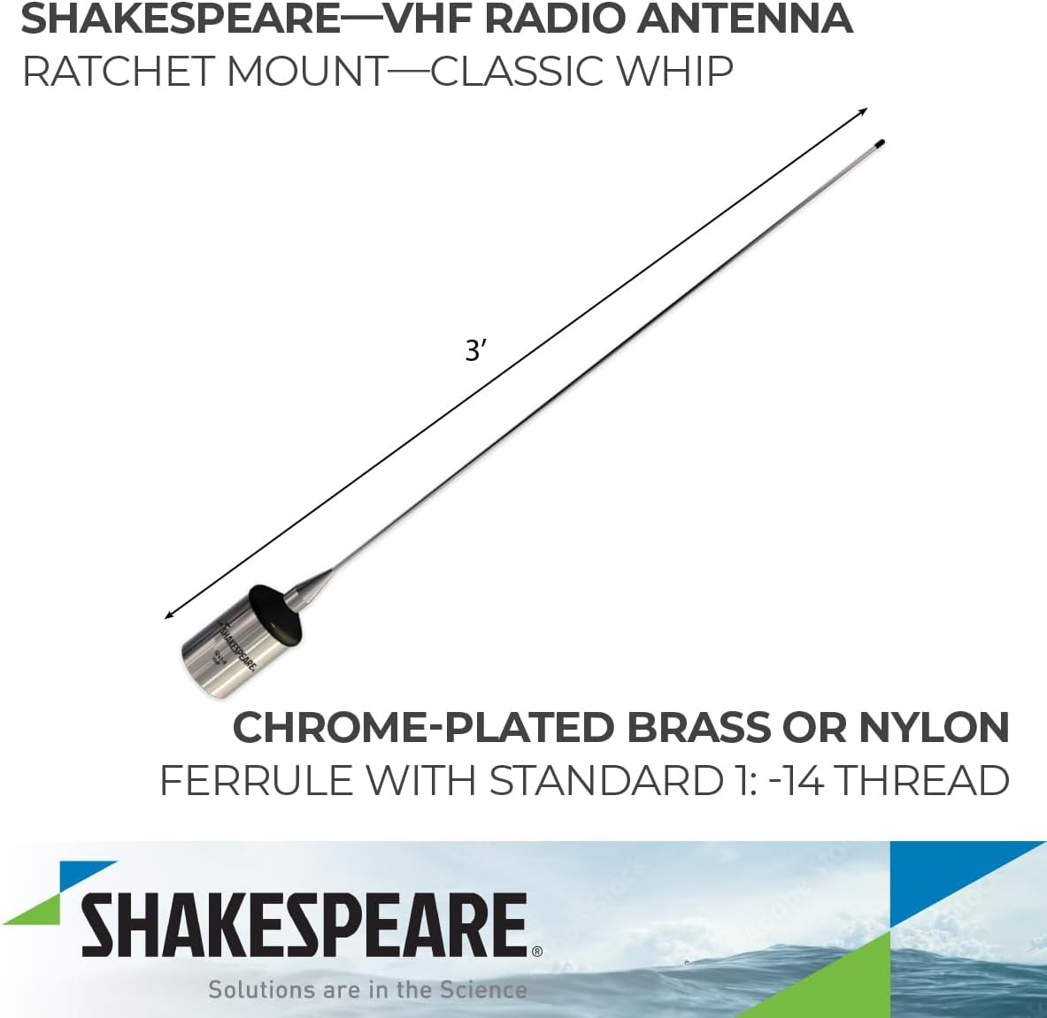 Antena VHF marina 3 pies 3 dB acero inoxidable tipo whip | Shakespeare SHA5241-R